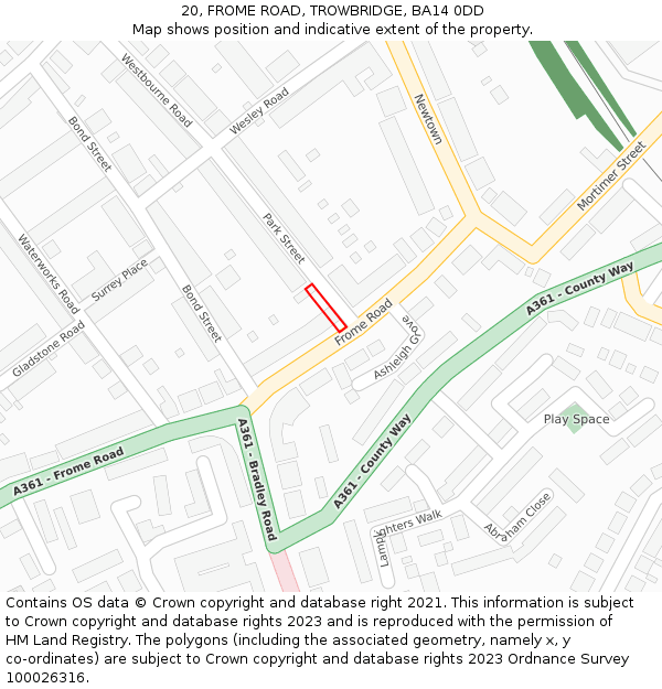 20, FROME ROAD, TROWBRIDGE, BA14 0DD: Location map and indicative extent of plot