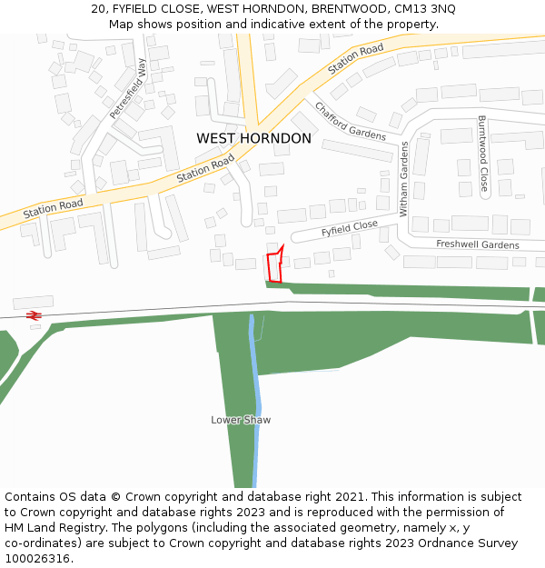 20, FYFIELD CLOSE, WEST HORNDON, BRENTWOOD, CM13 3NQ: Location map and indicative extent of plot