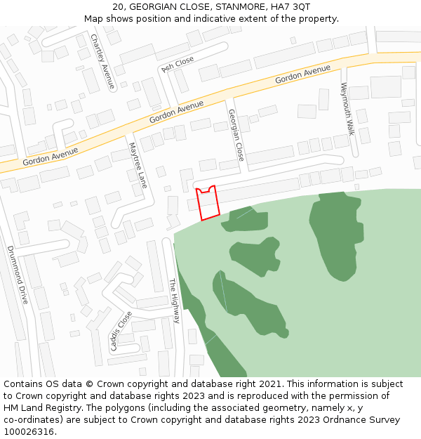 20, GEORGIAN CLOSE, STANMORE, HA7 3QT: Location map and indicative extent of plot