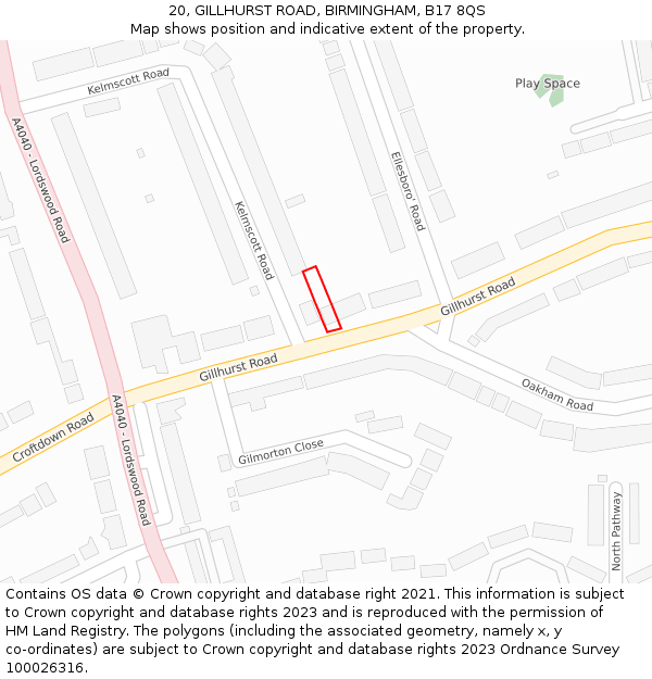 20, GILLHURST ROAD, BIRMINGHAM, B17 8QS: Location map and indicative extent of plot