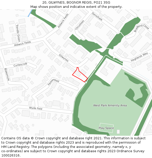 20, GILWYNES, BOGNOR REGIS, PO21 3SG: Location map and indicative extent of plot