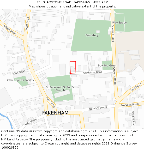20, GLADSTONE ROAD, FAKENHAM, NR21 9BZ: Location map and indicative extent of plot