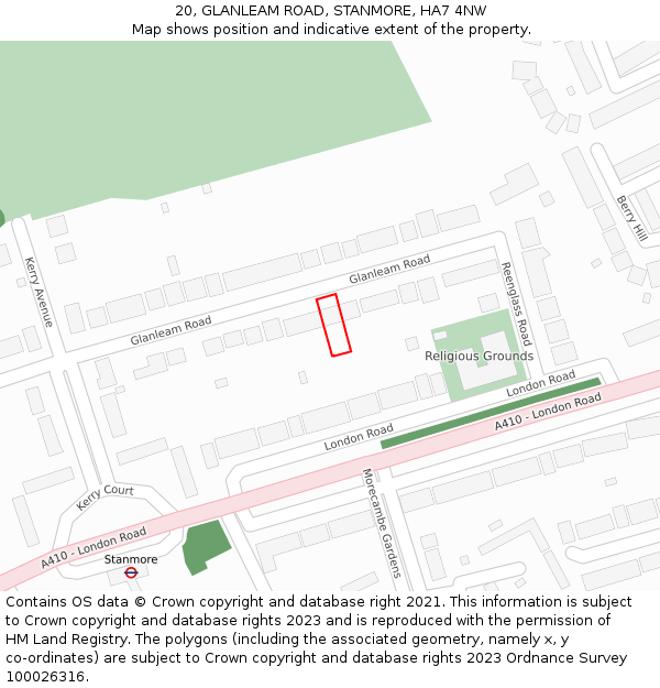 20, GLANLEAM ROAD, STANMORE, HA7 4NW: Location map and indicative extent of plot