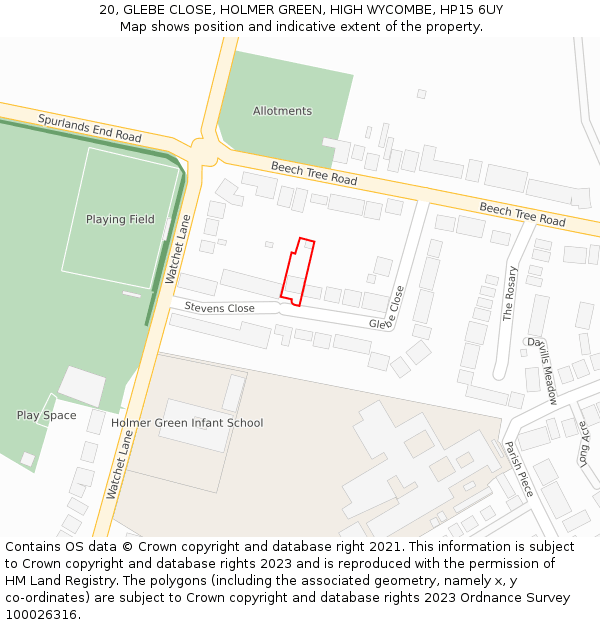 20, GLEBE CLOSE, HOLMER GREEN, HIGH WYCOMBE, HP15 6UY: Location map and indicative extent of plot