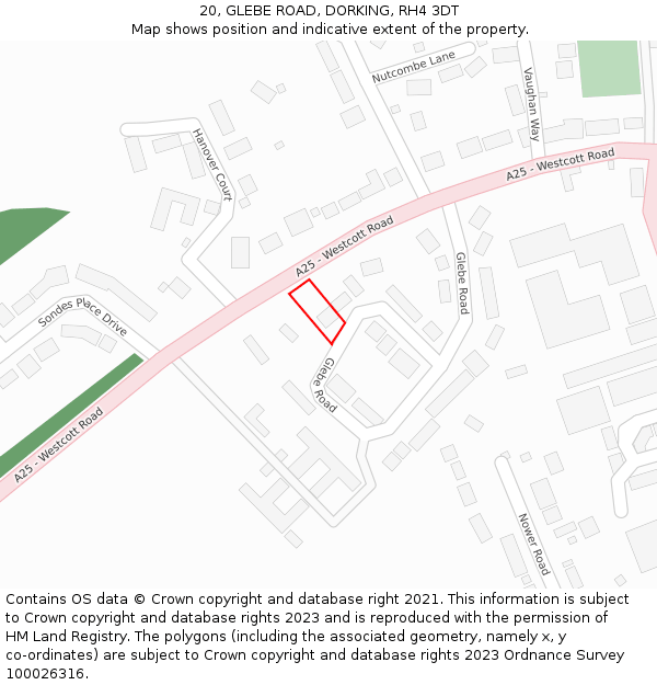 20, GLEBE ROAD, DORKING, RH4 3DT: Location map and indicative extent of plot