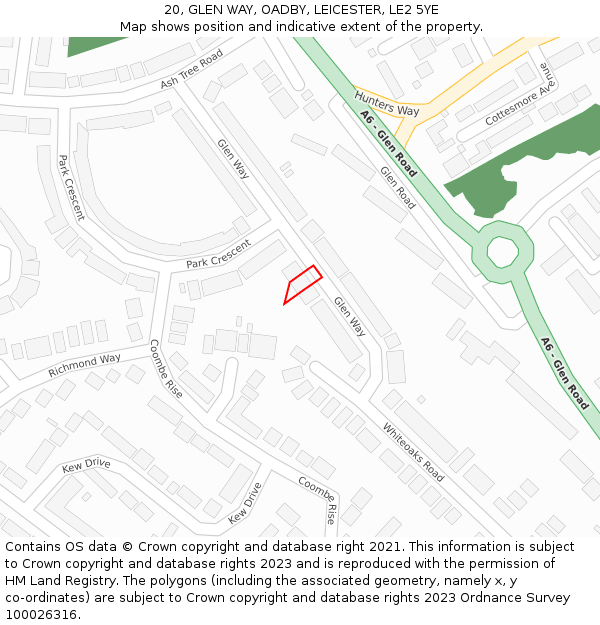 20, GLEN WAY, OADBY, LEICESTER, LE2 5YE: Location map and indicative extent of plot