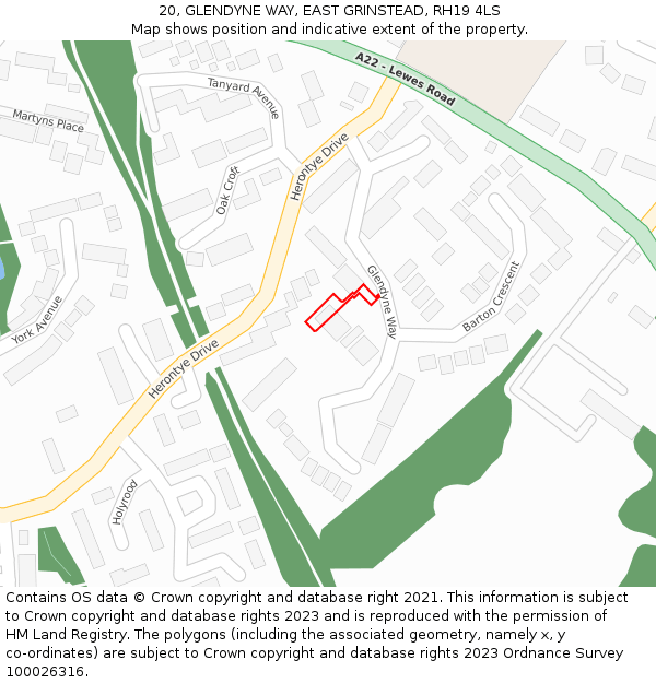 20, GLENDYNE WAY, EAST GRINSTEAD, RH19 4LS: Location map and indicative extent of plot