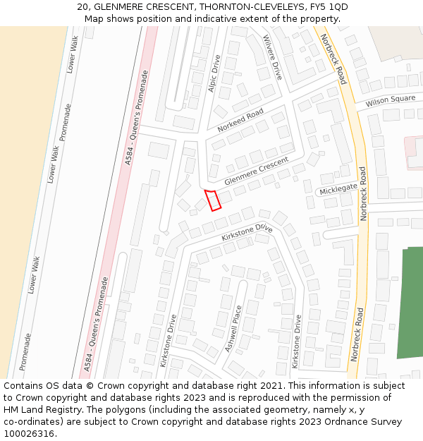 20, GLENMERE CRESCENT, THORNTON-CLEVELEYS, FY5 1QD: Location map and indicative extent of plot