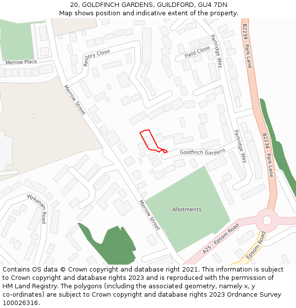 20, GOLDFINCH GARDENS, GUILDFORD, GU4 7DN: Location map and indicative extent of plot