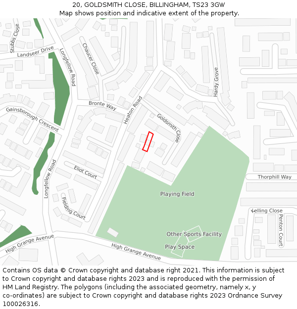 20, GOLDSMITH CLOSE, BILLINGHAM, TS23 3GW: Location map and indicative extent of plot