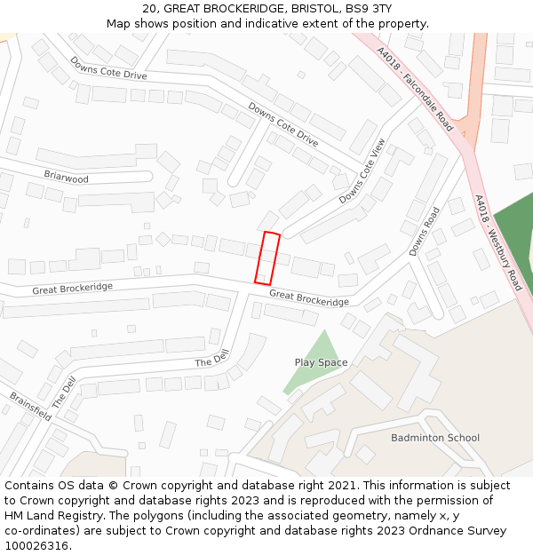 20, GREAT BROCKERIDGE, BRISTOL, BS9 3TY: Location map and indicative extent of plot