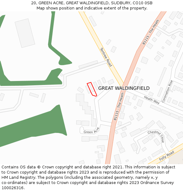 20, GREEN ACRE, GREAT WALDINGFIELD, SUDBURY, CO10 0SB: Location map and indicative extent of plot