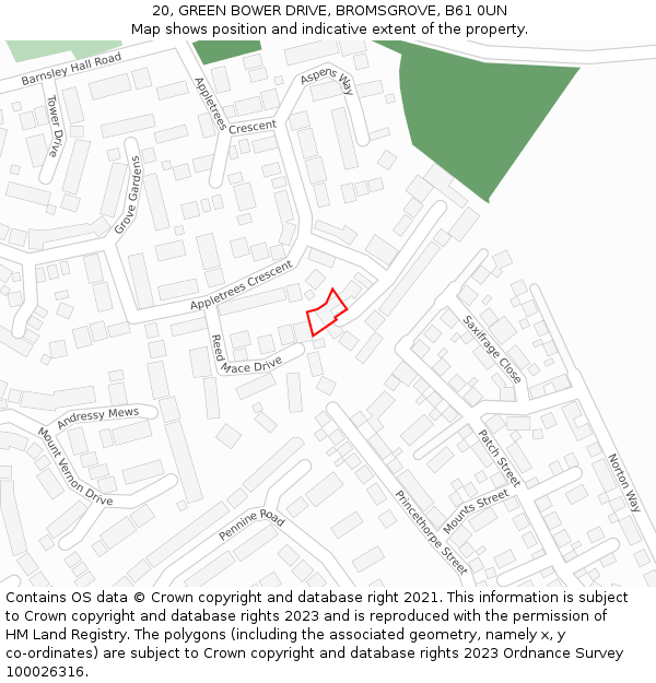 20, GREEN BOWER DRIVE, BROMSGROVE, B61 0UN: Location map and indicative extent of plot
