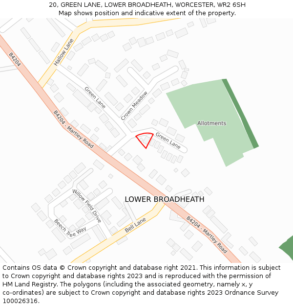 20, GREEN LANE, LOWER BROADHEATH, WORCESTER, WR2 6SH: Location map and indicative extent of plot