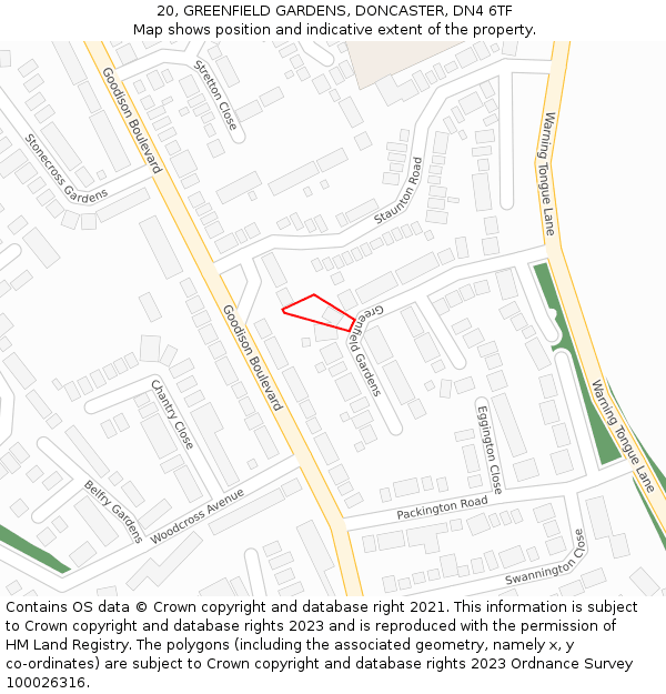 20, GREENFIELD GARDENS, DONCASTER, DN4 6TF: Location map and indicative extent of plot