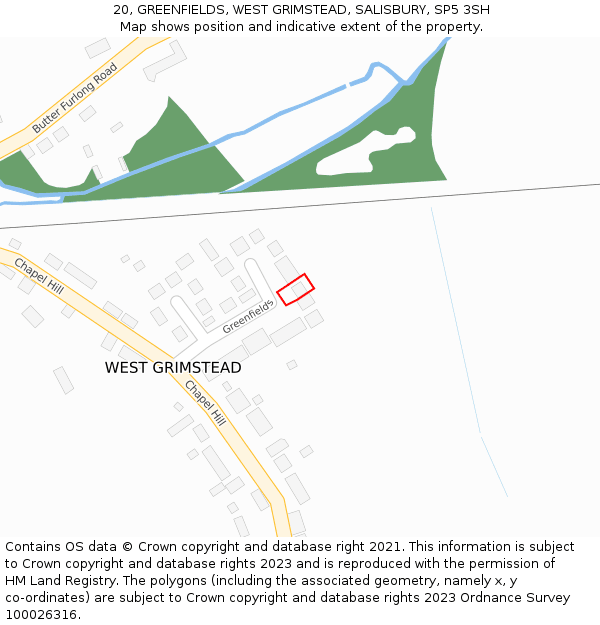 20, GREENFIELDS, WEST GRIMSTEAD, SALISBURY, SP5 3SH: Location map and indicative extent of plot