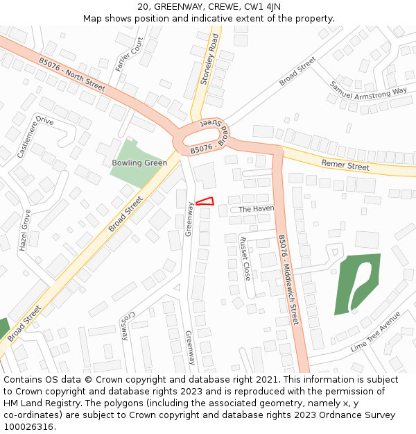 20, GREENWAY, CREWE, CW1 4JN: Location map and indicative extent of plot