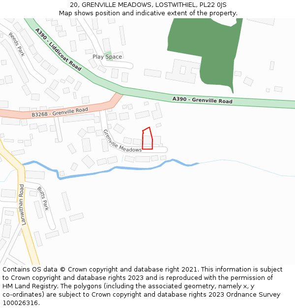 20, GRENVILLE MEADOWS, LOSTWITHIEL, PL22 0JS: Location map and indicative extent of plot