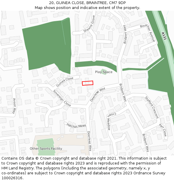 20, GUINEA CLOSE, BRAINTREE, CM7 9DP: Location map and indicative extent of plot