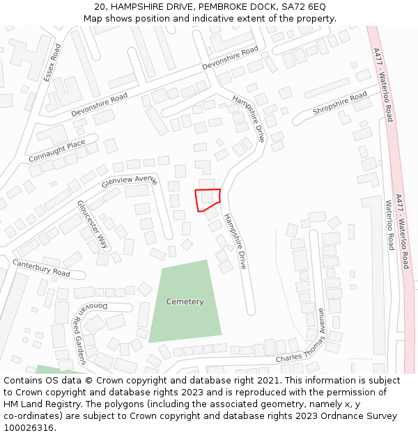 20, HAMPSHIRE DRIVE, PEMBROKE DOCK, SA72 6EQ: Location map and indicative extent of plot