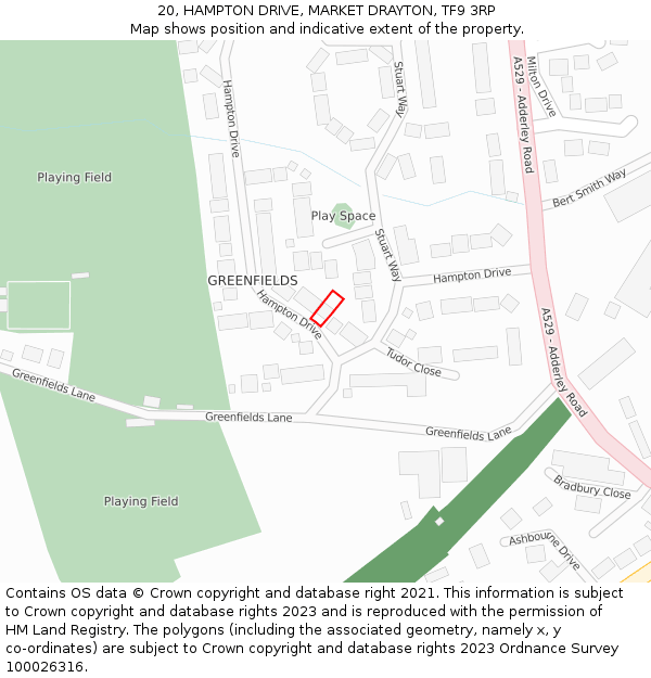 20, HAMPTON DRIVE, MARKET DRAYTON, TF9 3RP: Location map and indicative extent of plot