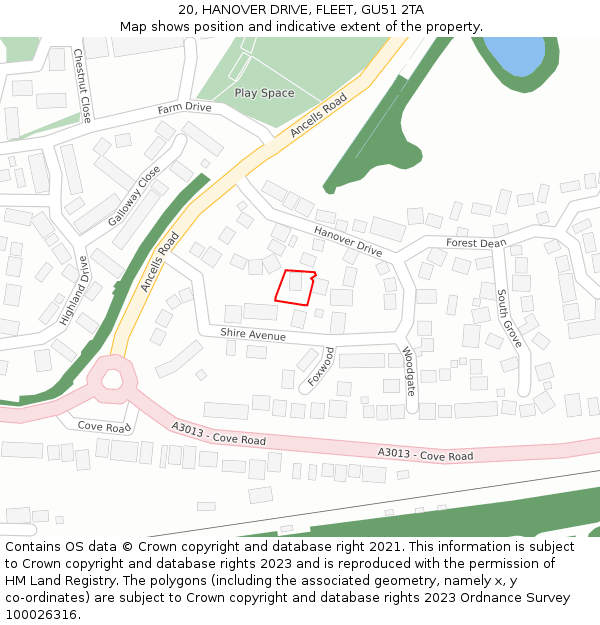 20, HANOVER DRIVE, FLEET, GU51 2TA: Location map and indicative extent of plot