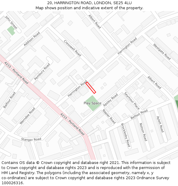 20, HARRINGTON ROAD, LONDON, SE25 4LU: Location map and indicative extent of plot
