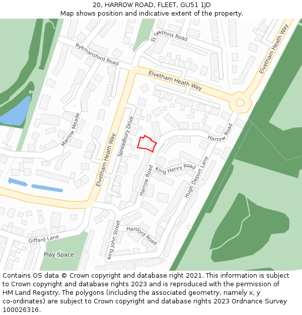 20, HARROW ROAD, FLEET, GU51 1JD: Location map and indicative extent of plot