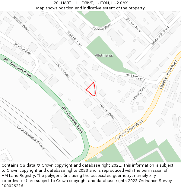 20, HART HILL DRIVE, LUTON, LU2 0AX: Location map and indicative extent of plot