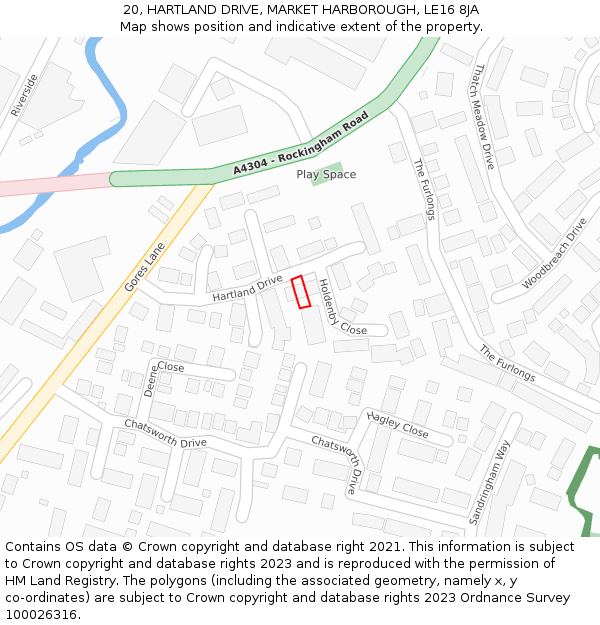 20, HARTLAND DRIVE, MARKET HARBOROUGH, LE16 8JA: Location map and indicative extent of plot