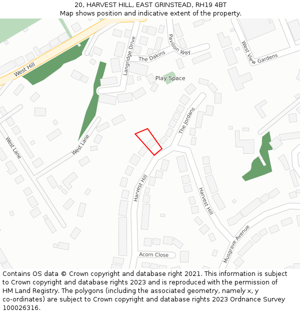 20, HARVEST HILL, EAST GRINSTEAD, RH19 4BT: Location map and indicative extent of plot