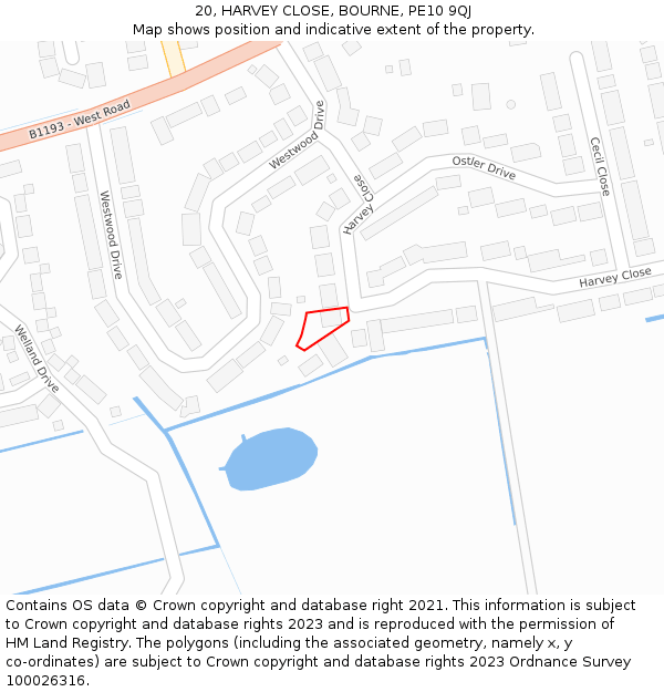 20, HARVEY CLOSE, BOURNE, PE10 9QJ: Location map and indicative extent of plot