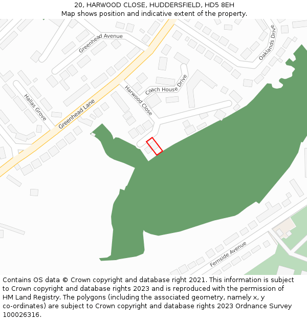 20, HARWOOD CLOSE, HUDDERSFIELD, HD5 8EH: Location map and indicative extent of plot