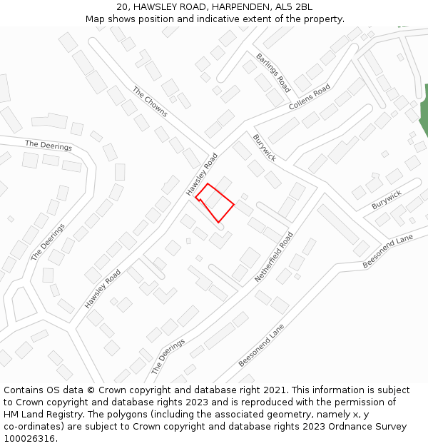 20, HAWSLEY ROAD, HARPENDEN, AL5 2BL: Location map and indicative extent of plot