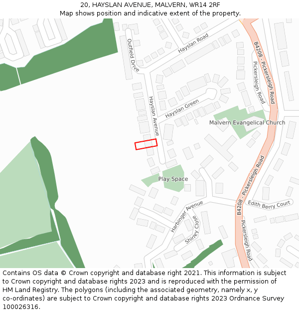 20, HAYSLAN AVENUE, MALVERN, WR14 2RF: Location map and indicative extent of plot