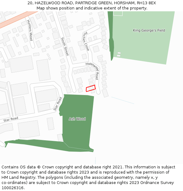 20, HAZELWOOD ROAD, PARTRIDGE GREEN, HORSHAM, RH13 8EX: Location map and indicative extent of plot