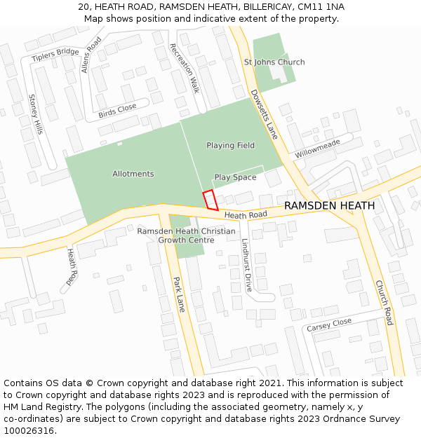 20, HEATH ROAD, RAMSDEN HEATH, BILLERICAY, CM11 1NA: Location map and indicative extent of plot