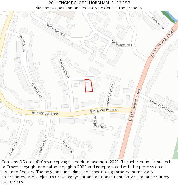 20, HENGIST CLOSE, HORSHAM, RH12 1SB: Location map and indicative extent of plot