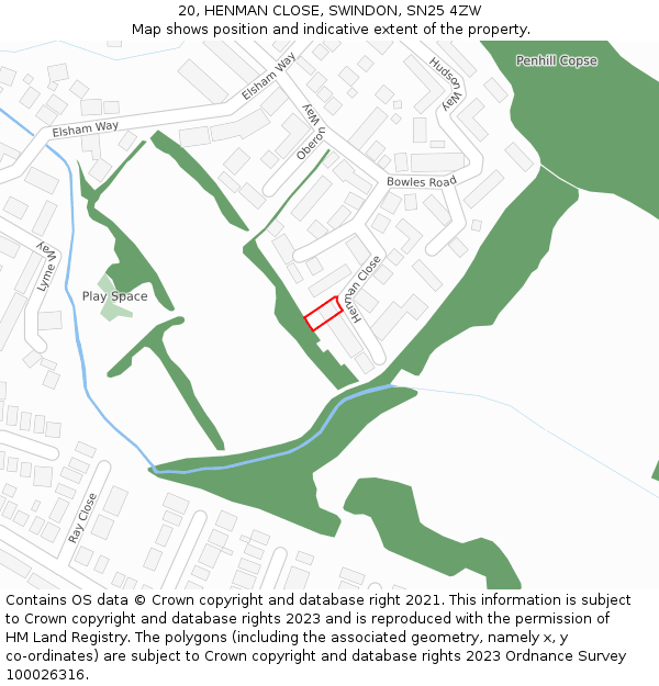 20, HENMAN CLOSE, SWINDON, SN25 4ZW: Location map and indicative extent of plot