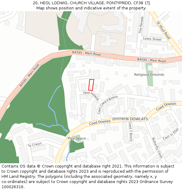 20, HEOL LODWIG, CHURCH VILLAGE, PONTYPRIDD, CF38 1TJ: Location map and indicative extent of plot