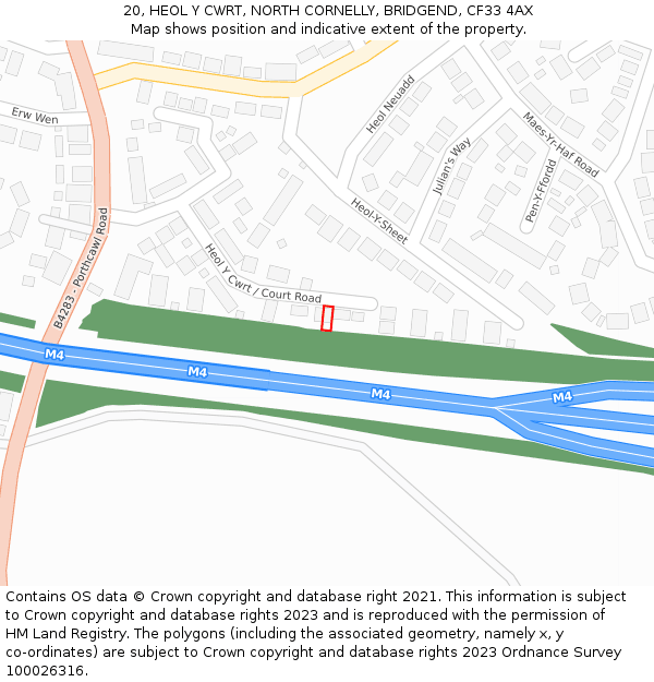 20, HEOL Y CWRT, NORTH CORNELLY, BRIDGEND, CF33 4AX: Location map and indicative extent of plot