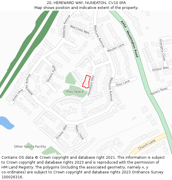 20, HEREWARD WAY, NUNEATON, CV10 0FA: Location map and indicative extent of plot