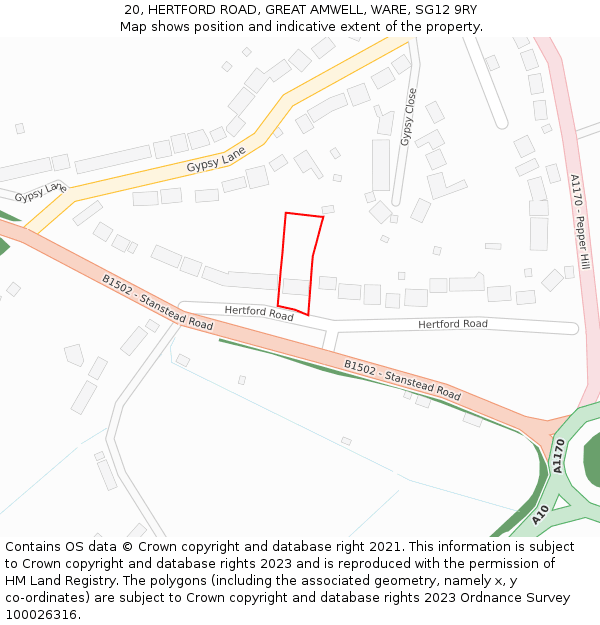 20, HERTFORD ROAD, GREAT AMWELL, WARE, SG12 9RY: Location map and indicative extent of plot