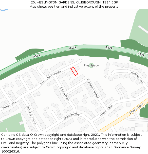 20, HESLINGTON GARDENS, GUISBOROUGH, TS14 6GP: Location map and indicative extent of plot