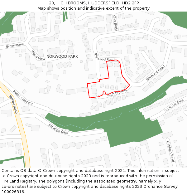 20, HIGH BROOMS, HUDDERSFIELD, HD2 2FP: Location map and indicative extent of plot