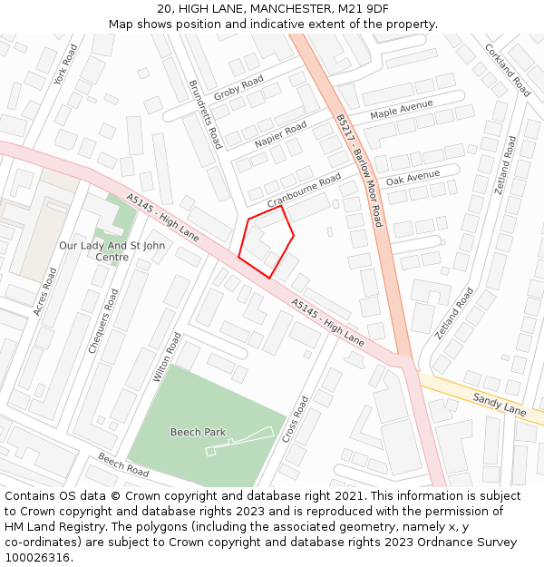 20, HIGH LANE, MANCHESTER, M21 9DF: Location map and indicative extent of plot