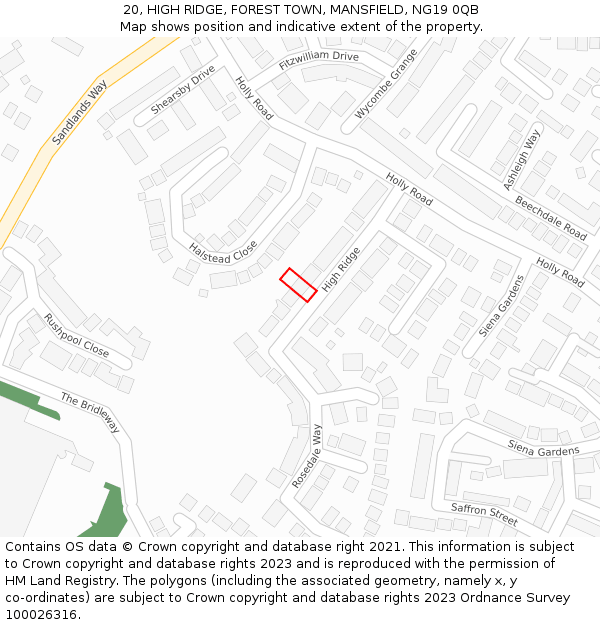 20, HIGH RIDGE, FOREST TOWN, MANSFIELD, NG19 0QB: Location map and indicative extent of plot