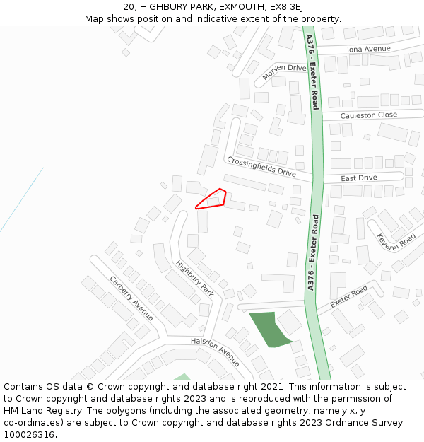 20, HIGHBURY PARK, EXMOUTH, EX8 3EJ: Location map and indicative extent of plot