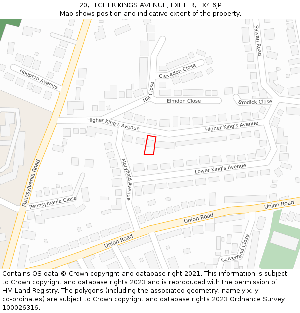 20, HIGHER KINGS AVENUE, EXETER, EX4 6JP: Location map and indicative extent of plot