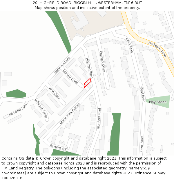 20, HIGHFIELD ROAD, BIGGIN HILL, WESTERHAM, TN16 3UT: Location map and indicative extent of plot